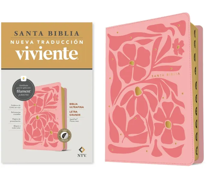 Biblia ultrafina, letra grande, sentipiel flores rosa - NTV