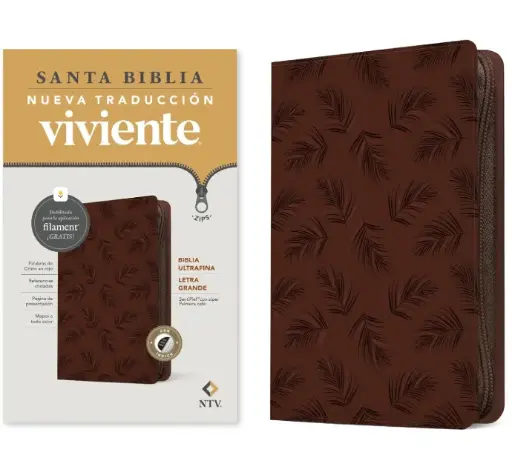 Biblia ultrafina, letra grande, sentipiel con zíper palmera café - NTV