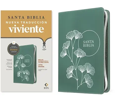 Santa Biblia de referencia en la columna central, letra grande, sentipiel verde con zíper