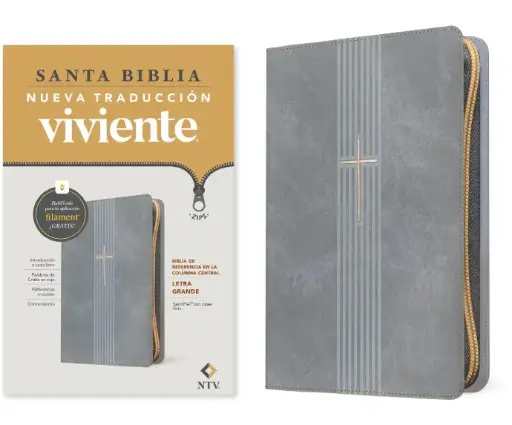 Santa Biblia de referencia en la columna central, letra grande, sentipiel gris con zíper - NTV
